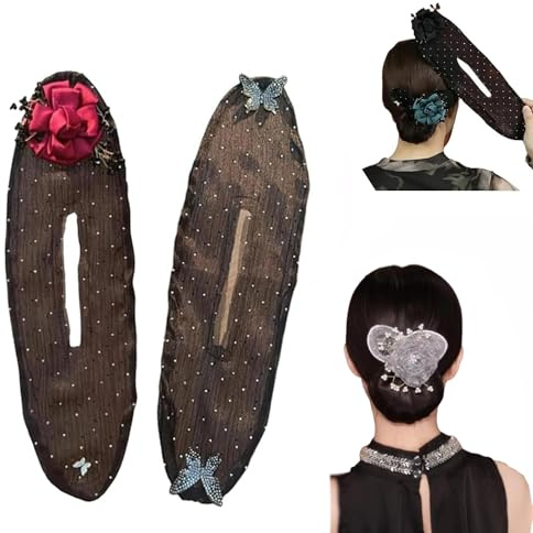 Ball Hair Clips, Flower Bun Rollers and Makers for Long Thick Hair by 2/6PCS - Hand Embroidered, Easy Snap Roll Hair Accessories for Women (2Pcs-C)