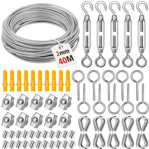 CGBOOM 40M 2MM Garden Wire Rope Kit – 304 Stainless Steel Cable with M5 Turnbuckles, M5 Eye Screws, Rope Clamps, Thimbles & Tools for Fence Wire, Plant Support, Trellis, Outdoor Lights & DIY Projects