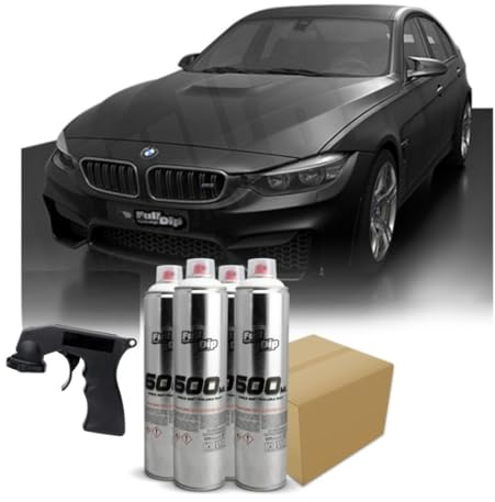 AutoFullCar Set für Autolack mit Full Dip-Spray Sprühfarbe, Sprühlack, Sprühfolie im Format von 600 ml, Flüssigvinyl, Geschenksprühadapter (Schwarz-Metallic, Limousine)
