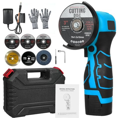 Mulcort Smerigliatrice angolare a batteria 7000 giri/min Mini smerigliatrice elettrica con 1 batteria 16,8 V 2000 mAh e lama da taglio per tagliare mattoni lucidati, legno, pietra, acciaio