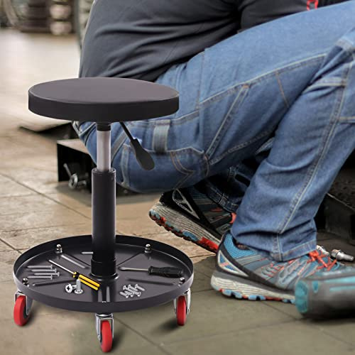 WEIGR Werkstatthocker mit Rollen Höhenverstellbar Werkstatt Rollsitz Werkstattstuhl, Arbeitshocker für WerkzeugMontage-Rollhocker 360° Drehhocker Ablagen 140kg