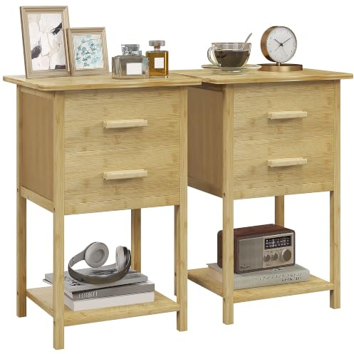 HOMCOM 2er Set Nachttisch, Nachtschrank mit Schublade, Ablage, Nachtkommode mit Griff, für Schlafzimmer, Wohnzimmer, Natur, 40 x 34 x 60 cm