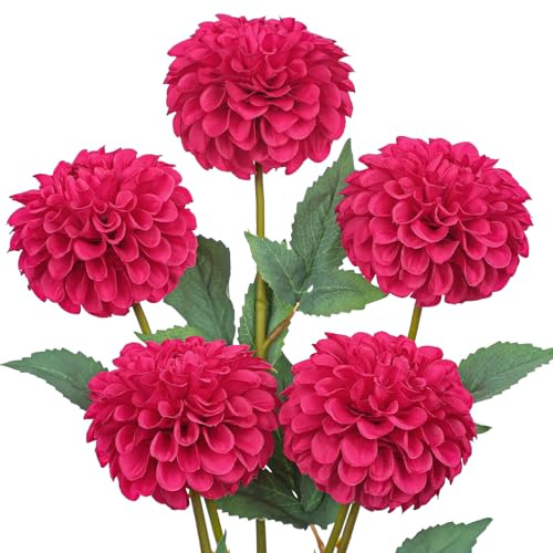 Hollyone 5 Stück Künstliche Dahlien Rosarot Kunstblumen Zweige Frühling, Dahlie Blumenarrangement Biegbar Gefälschte Blume Seidenblume für Vase Tischdeko Hochzeit Heimdekoration