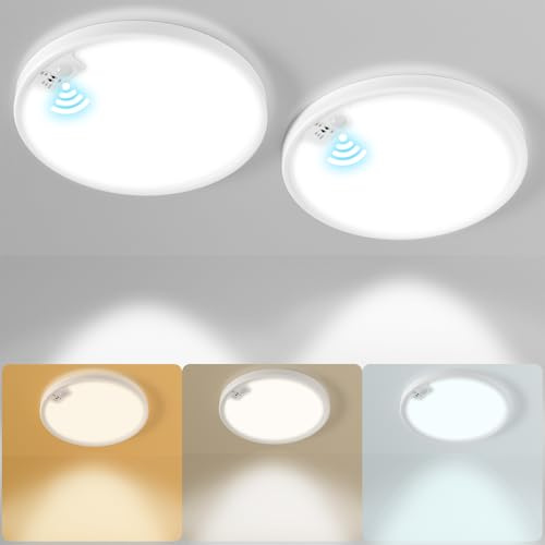 Eleganted 2PC 20W Plafonnier LED avec Détecteur de Mouvement, 3000k/4000k/6500k Lampe Plafond LED, Rond Ultraslim Plafonnier Moderne Lampe pour Couloirs Escaliers (Ø22CM)