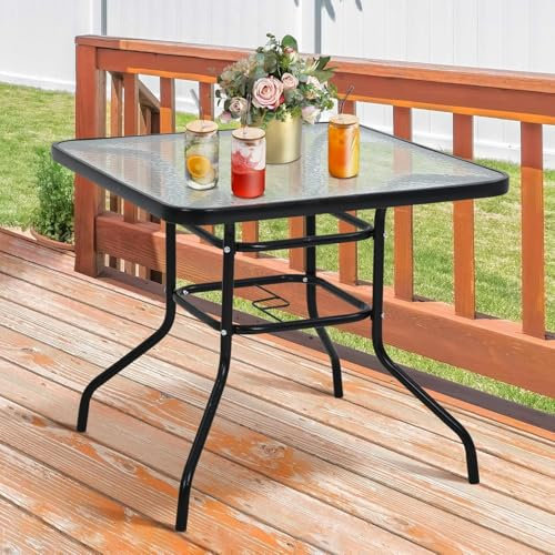 Outdoor Esstisch Bistrotisch mit Schirmloch Tischplatte aus gehärtetem Glas Metallrahmen Terrassenmöbel für Garten Balkon Couchtisch Rechteckige Quadratische Form Wetterbeständig Outdoor Tisch
