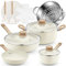FOHERE Casseroles et Poêles 15 Pièces, Batterie de Cuisine Induction en Céramique Anti-adhésifs, Poele, Sauteuse, Casseroles, Pot de Vapeur, Plateau à Pizza, Poele sans PFOA et sans PTFE(blanc)