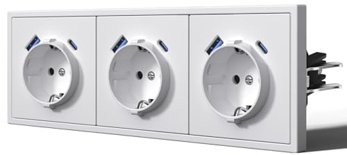 BSEED Enchufe con 20W USB C Carga Rapida,Enchufe de Pared con Garfio,Mate Enchufes Empotrable,Fácil Instalación,C-Series,3 Enchufes con 20W USB y Tipo C,220mm Blanco
