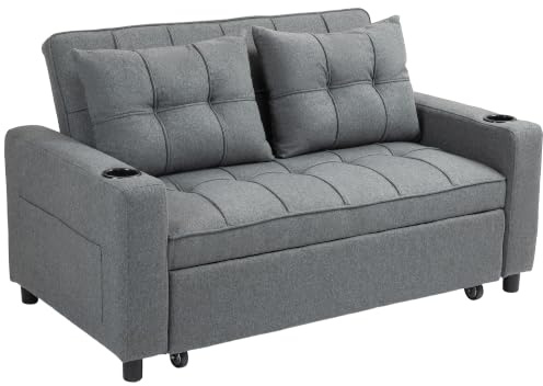 HOMCOM 3-in-1 2 Seater Sofa Bed, Convertible Sleeper Sofa with Adjustable Backrest, Fabric Pull Out Loveseat Bed with 2 Pillows, Side Pockets and Cup Holders for Living Room, Bedroom, Dark Grey