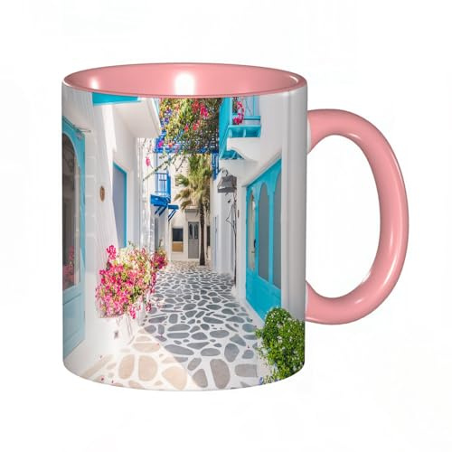 EKLMPS Original Mug en céramique,idéal comme cadeau,impression de haute qualité,mug à motifs,mug à thé,à café,330ml,Magnifique bâtiment d'architecture extérieure avec le style de Santorin et de la Grè