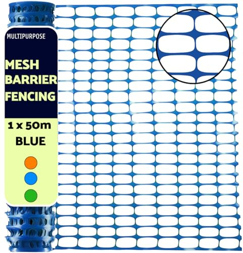 Heavy Duty Barrier Fencing Mesh 1m x 50m - Plastic Temporary Safety Fence for Construction, Work Sites, Garden, Pet Barriers, and Events in Orange, Green, Blue (Blue)