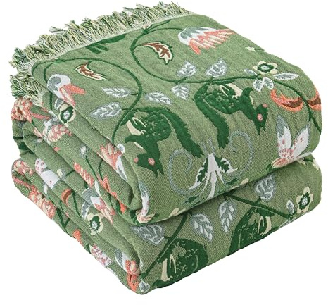 HOORDRY Boho Musselin Tagesdecke 100% Baumwolle Decke | mit Eichhörnchen und Vogel Floral Print Doppelseitig Bettüberwurf Dekorativ für Doppelbett Sofa Couch Stuhl 230x250CM