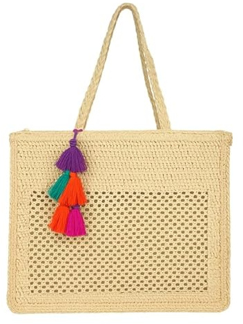 Strandtasche aus Bast, Shopper aus Stroh mit bunten Quasten, Reißverschluss und Innentaschen, Sommerstil, für den Sommer