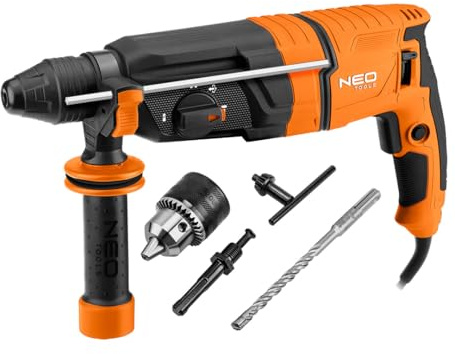 NEO TOOLS Martello demolitore SDS-Plus 900 W 3,5 Joule con 4 funzioni, impugnatura anti-vibrazione 0-1200 giri/min, accessori inclusi martello perforatore professionale