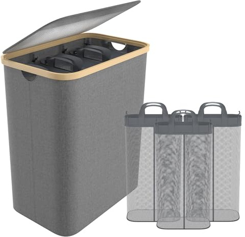 Aufun Wäschekorb 3 Fächer mit Deckel 140L zur einfachen Trennung Wäschesack | Wäscheboxen Wäschetonne Wäschesortierer mit Griffen Laundry Baskets Wäscheschrank für Waschküche, Schlafzimmer (Grau)