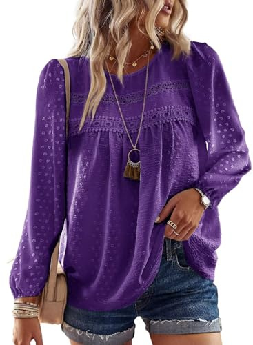 TUUHAW Top Femme Boho Col Rond Chemise Manches Longues Dentelle | Blouse Haut Chic et Élégant Chemise Automne, Tunique à Point Suisse, T-Shirts Mousseline Hauts Décontracté Loose