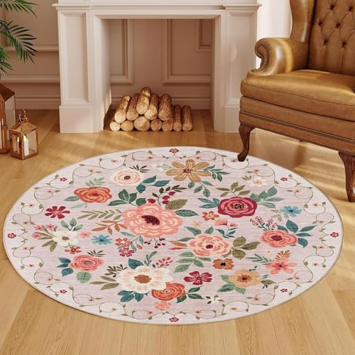 Generisch Teppich Runder,Mehrfarbiges Blumenmädchen-Modernes Design, Rosa, ø 160 cm, Teppiche fürs Wohnzimmer Schlafzimmer Esszimmer esstisch deko picknickdecke,