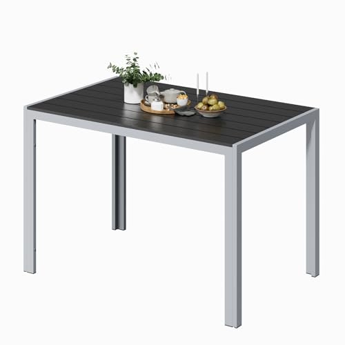 UDPATIO Gartentisch Wetterfest mit Aluminiumrahmen, 110 x 70 x 74 cm Outdoor WPC Tisch Holzmaserung-Finish, Balkontisch für 4-6 Personen,Garten,Terrasse, Dunkelgrau+Silber