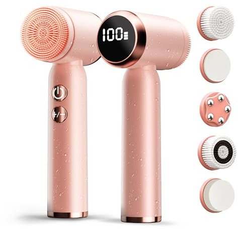 Jellystar Electric Face Scrubber with Led Display & Facial Cleansing Brush - 6-in-1 Exfoliating Kit, 3 Speeds, IPX6 Waterproof Face Brush for Deep Cleaning, Massage & Gentle Exfoliation-Pink