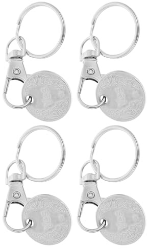 SAFIGLE 4pcs Stainless Steel Trolley Token Keychain Set with White Shopping Cart Coin Pendant for Grocery Store Use