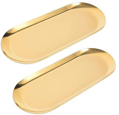 MrMrKura Lot de 2 plateaux décoratifs en acier inoxydable de 30,5 cm - Plateau ovale de courtoisie pour bijoux, petite assiette de rangement pour cosmétiques, salle de bain, clés et bougies (doré)