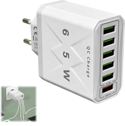 Cargador USB Múltiple 65W, Adaptador de Red con 6 Puertos, 1 QC 3.0 et 5 Puertos 5V/3,1A, Cargador Múltiple USB Carga Rápida, Estación de Carga para Móviles Tablets y Accesorios