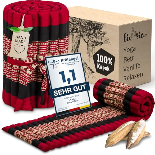 livasia Rollmatte Rollmatratze L-200x110x4,5cm, Gästebett Gästematratze 1 Person, Reisebett Kofferraum Outdoor, Thaimatte Kapok, Garten Balkon handgefertigt rubinrot