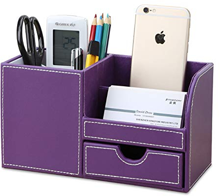 KINGFOM Büro Schreibtisch Organizer Ordnungssystem 4 Speicherabteil PU Leder Stiftebox Stifteköcher Bürobedarf (Lila)