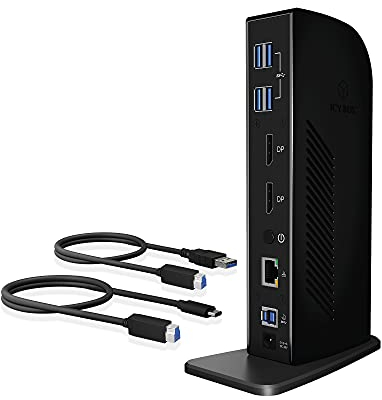 ICY BOX USB-C Docking Station (12-in-1) für 2 Monitore (2x DisplayPort), 4K 60Hz, 6x USB 3.0 HUB, DisplayLink, Gigabit Ethernet, IB-DK2242AC für Windows, M1/M2 MacBook Air / Pro