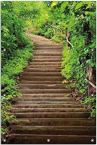 Wallario Outdoor-Poster für Garten oder Balkon Steintreppe im Wald, Motivbanner Größe: ca. 80 x 120 cm, Outdoor-Bild