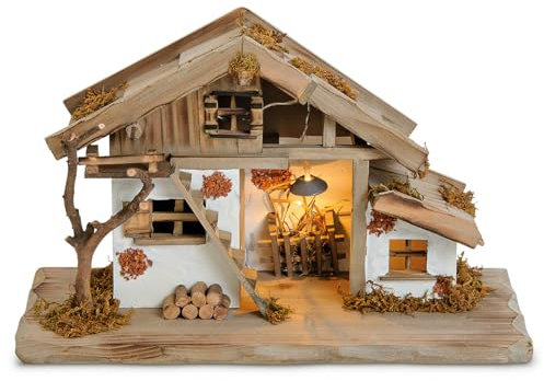 Grande presepe a LED in vero legno – Presepe in legno illuminato per Avvento e Natale con molti dettagli curati – Stalla in 39 x 23 x 19 cm per personaggi come decorazione natalizia