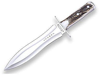 Joker Jagdmesser Jabali CC110, Überlebensmesser mit Hirschhorngriff, Gürtelmesser mit 25 cm Klinge, inkl. brauner Lederscheide, Werkzeug zum Angeln, Jagen, Camping und Wandern