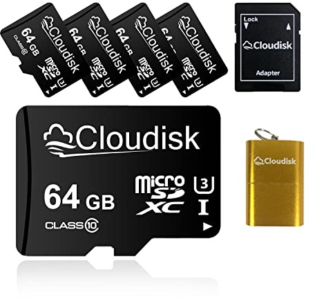 Cloudisk 5Pack 64GB MicroSD Karte Micro SDXC Speicherkarte mit Full Size Adapter und Kartenleser, UHS-I, U3, Class10, Bulk Sale