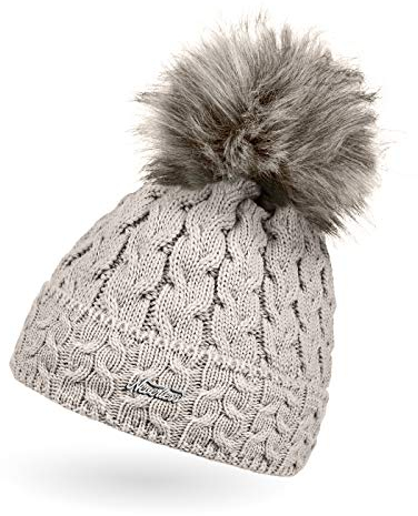 Neverless® Damen Strick-Mütze gefüttert Fell-Bommel Kunstfell Winter-Mütze Bommelmütze Zopfstrickmuster Fleece-Innenfutter Umschlag Hellbeige