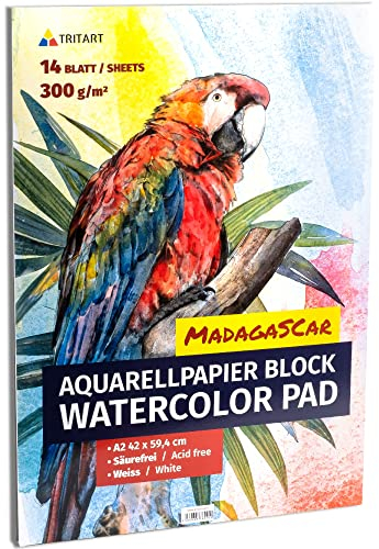 Tritart Aquarellpapier Din A2 300g/m² - Malblock A2 mit 14 Blatt - Aquarellblock zum Malen - Watercolour Paper - Aquarell Papier - Zeichenpapier A2 Block mit 14 Blätter