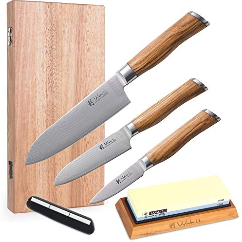Wakoli Olive Damast Messer Set – 3-teiliges Premium Küchenmesserset, 67 Lagen Damaststahl mit VG10-Kern, 8,5 cm, 12 cm & 17 cm Klinge, ergonomischer Olivenholzgriff, mit Schleifstein in Geschenkbox
