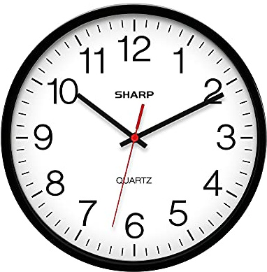 Sharp Wall Clock Silent Non Ticking 10 Inch Quality Quartz Battery Operated Round Easy to Read Home/Kitchen/Office/Classroom/School Clocks, Sweep Movement,Black