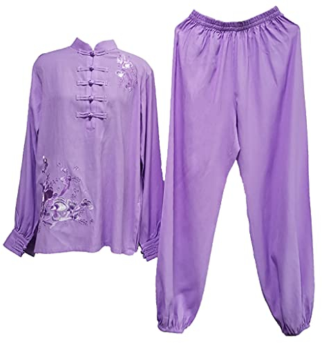ZHOUXIAO Frau Bestickt Taichi Uniform Kinder Mädchen Kung Fu Anzug Lange Ärmel Baumwolle Leinen Kampfkunst Uniform Performance Wear Wing Chun Taichi Kleidung Set M