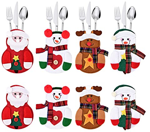 KATELUO 8 Stück Weihnachten Besteckhalter Bestecktasche Weihnachtsdeko Bestecktaschen Besteck Halter (Weihnachtsmann + Rentier + Schneemann), zum Dekorieren von Weihnachtsfeiern und Esstischen