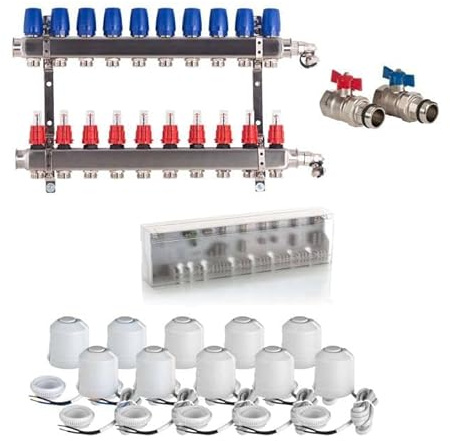 Heizkreisverteiler BASIC für Fußbodenheizung 10 Heizkreise Komplettset Verteiler, Kugelhahn, Stellantrieb, Anschlussleiste