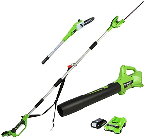 Greenworks 24V pole-saw and hedge 2-in-1, blower with 2Ah battery/charger
