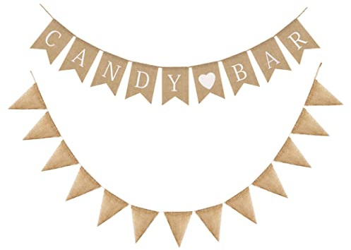 Juland Candy Bar Girlande und Weiße Herzen Deko Banner Naschbar Girlande Leinen Wimpelkette Vintage Foto Booth Props Schwalbenschwanz Flagge Wimpelkette Leinen Jute Stoff Wimpel Banner 2 Packs