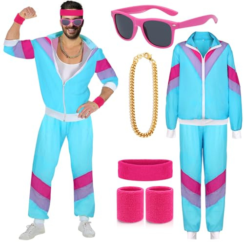 90er 80er Jahre Outfit Herren Kostüm 80er Jahre Trainingsanzug Jacke Hose Anzug 80er Accessoire 80er Jahre Kleidung Frauen Männer Erwachsene Partner Karneval Kostüm Bad Taste Party 80iger (M)