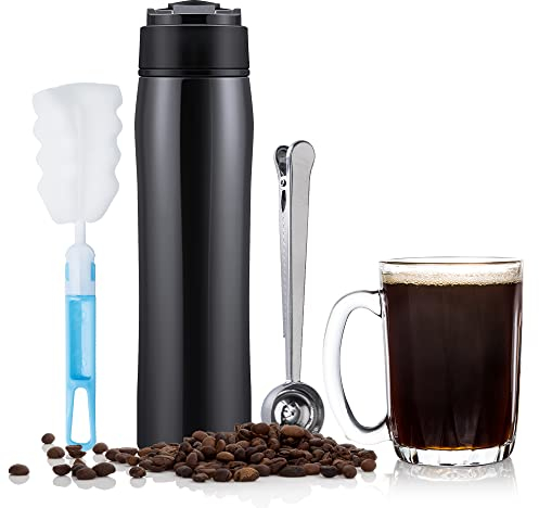 HAILASRE Portable French Press Pot en acier inoxydable isolé sous vide pour voiture Travel Coffee Maker pour café/thé tasse à café en plein air avec tasse à mesurer en acier inoxydable, 350ML/12OZ,
