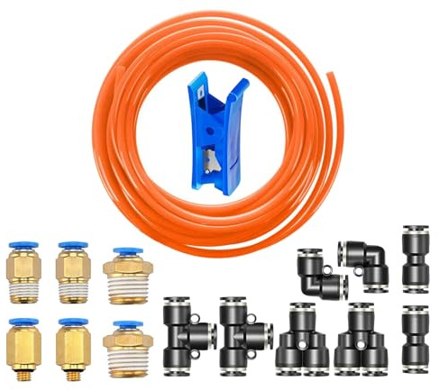 HUAZIZ 10 m polyuretan pneumatisk slang 6 mm orange, PU-luftslang, med 14 mm pneumatisk kontakt (svart 2 raka, 2 armbågar, 2 T-beslag, 2 enY-avdelare, 6 hangängade anslutningar, 1 slangklippare)