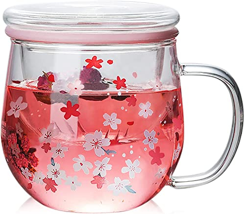 Tiamu Flower Teetasse mit Deckel und Sieb, Schöne Teegläser mit Infusor, 300 Ml Blumen Glaskaffeetassen, Teebecher für Losen Blatttee, Blühenden Tee, Personalisierte Geschenk für Mama y Freundin