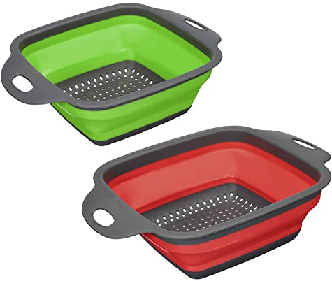QUARKZMAN Plegable Colador Juego, 2 Tamaño Silicona Cuadrado Plegable Colador Espacio Ahorro Adecuado para Pasta, Verduras, Frutas - Rojo Grande Verde Pequeño