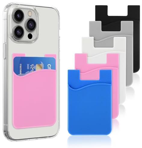 WLLHYF 5 Pack Phone Wallet Card Holder Silicone Stick-On Credit Card Sleeve Pocket for Back of Cell Phone Cases Compatible With Most Phones (Single Layer)