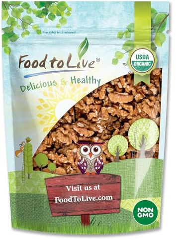 Food to Live Organic California Walnuts Halves & Pieces, 4 Ounces – Non-GMO, Raw, Unsalted, Shelled, Vegan, Kosher, Sirtfood, Bulk Snack. High in Omega-3 Fatty Acids, Protein. Great for Baking