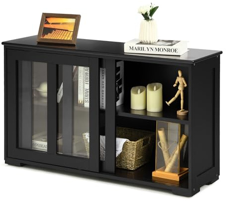 KOMFOTTEU Sideboard, sidoskåp, köksbyrå med skjutdörrar, köksskåp, trä med justerbar hylla, bufféskåp, 107 x 33 x 64 cm för hall, matsal (svart)