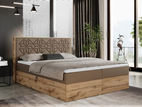 MKS MEBLE Boxspringbett 180x200 mit Bettkasten, Polsterbett 180x200 mit Matratze H3, Boxspringbett 180x200 mit Kopfteil, Boxspringbett mit Massivholz - Nessi - Braun Kunstleder - H3